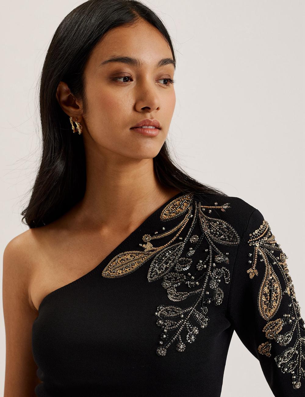 Ted Baker HEATHRR - One Shoulder Embellished Detail Oberteile Damen Schwarz | NQDUI-3608