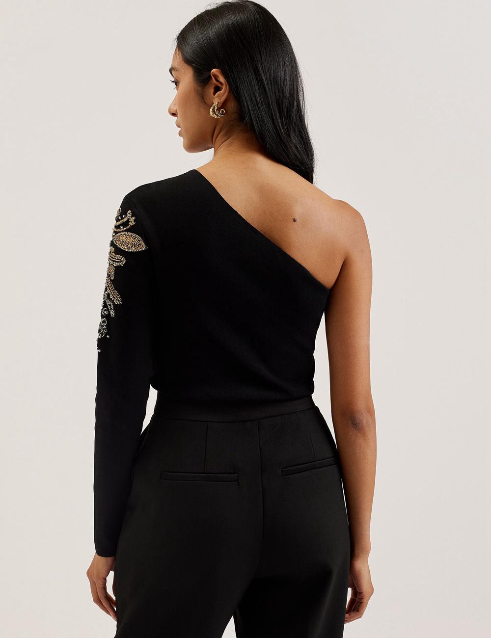 Ted Baker HEATHRR - One Shoulder Embellished Detail Oberteile Damen Schwarz | NQDUI-3608