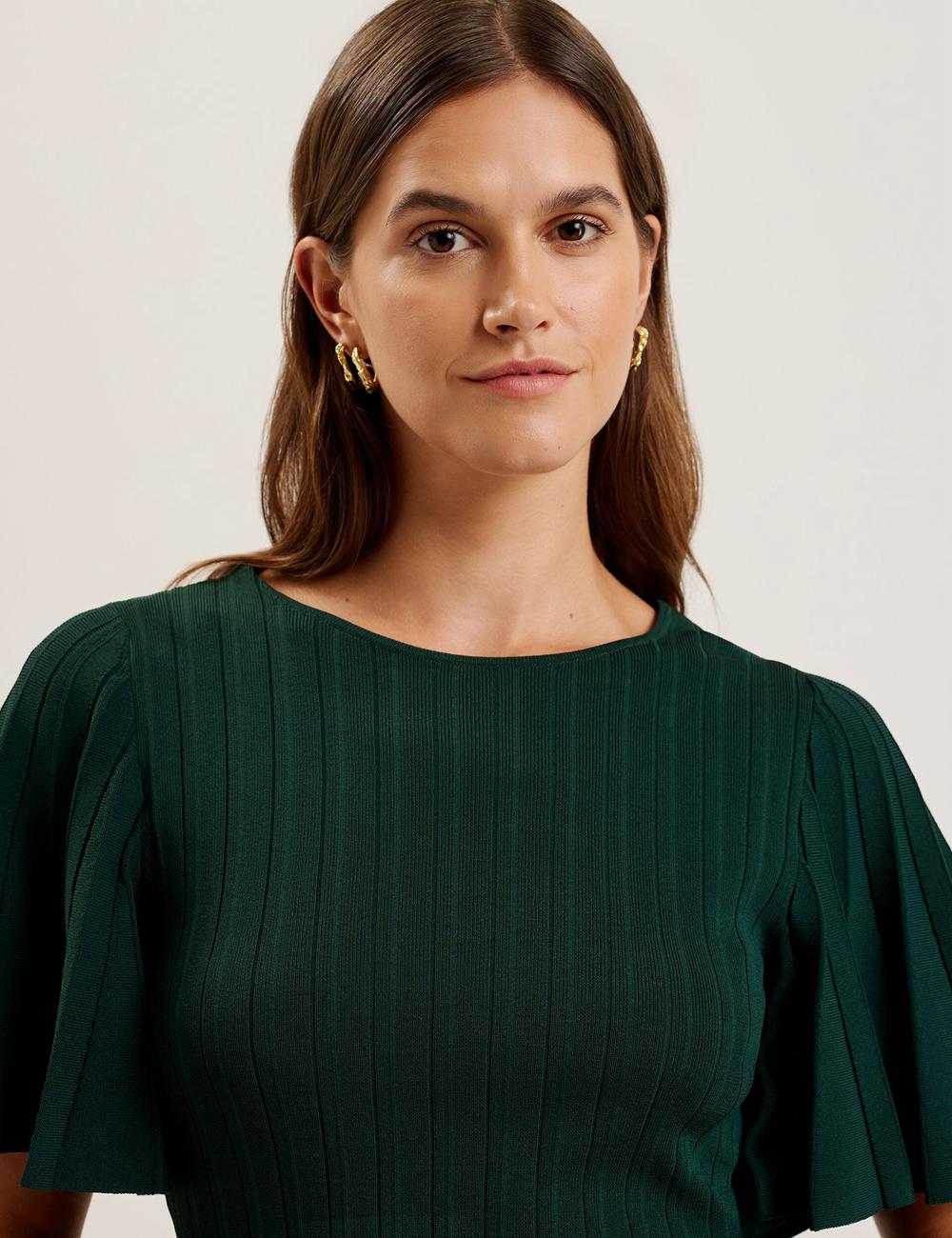 Ted Baker IIVANNA - Ribbed Knit Top With Fluted Short Sleeves Pullover Damen Grün | UNWTX-1283
