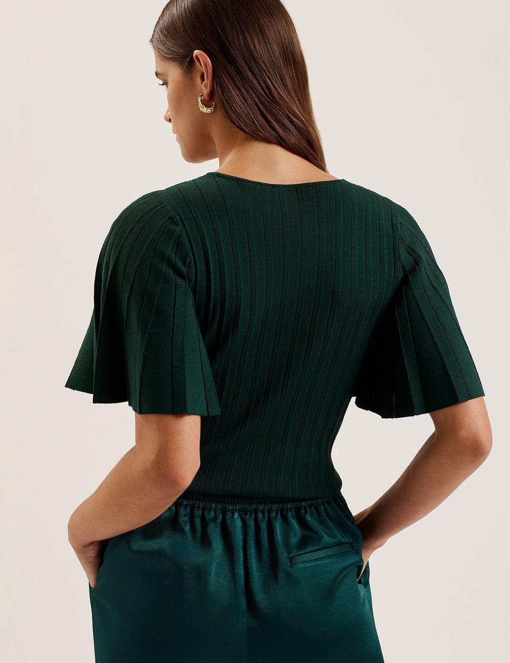 Ted Baker IIVANNA - Ribbed Knit Top With Fluted Short Sleeves Pullover Damen Grün | UNWTX-1283