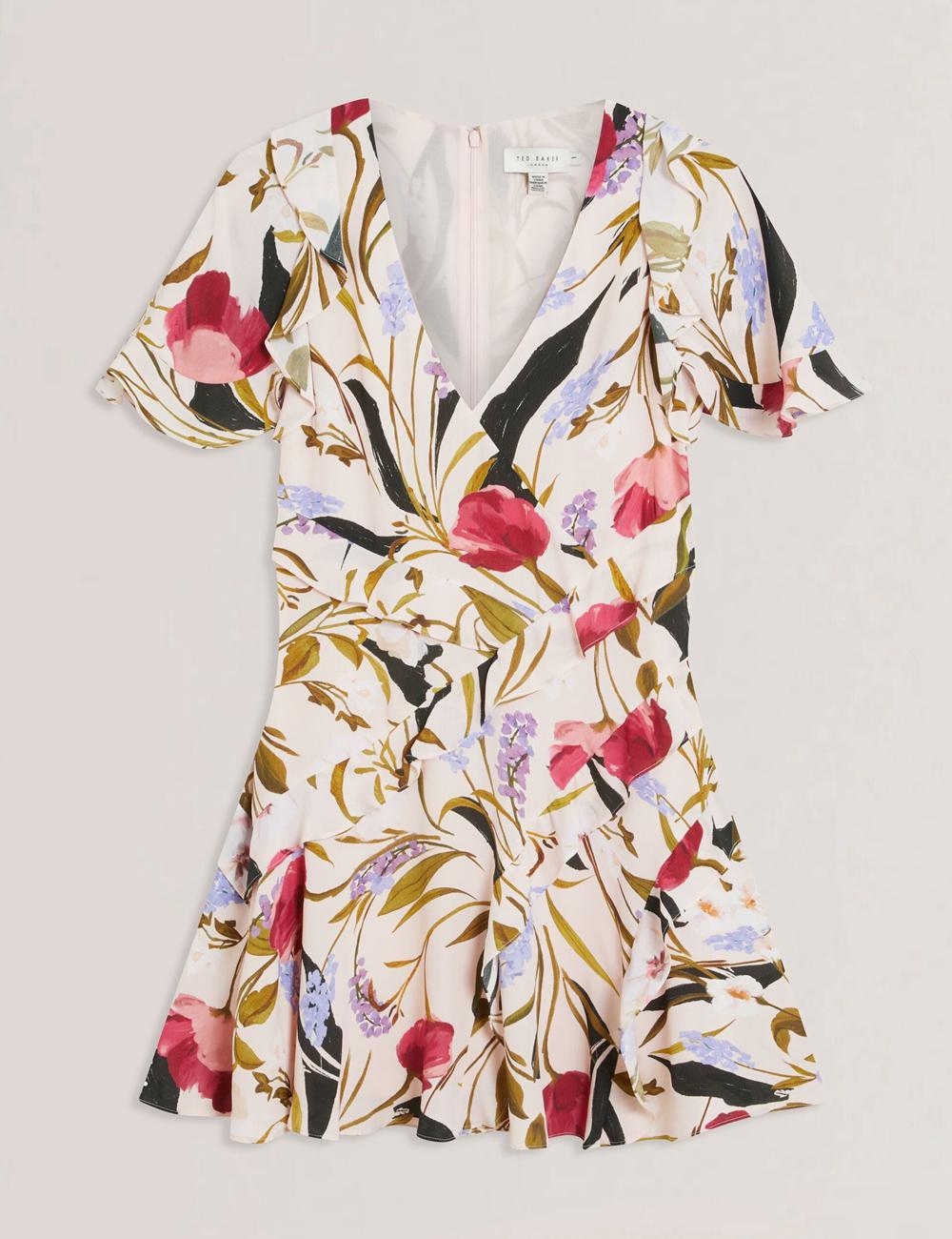 Ted Baker ISSIIA - Frill Trim Floral Short Sleeve Minikleid Damen Rosa | ZMRIC-1549