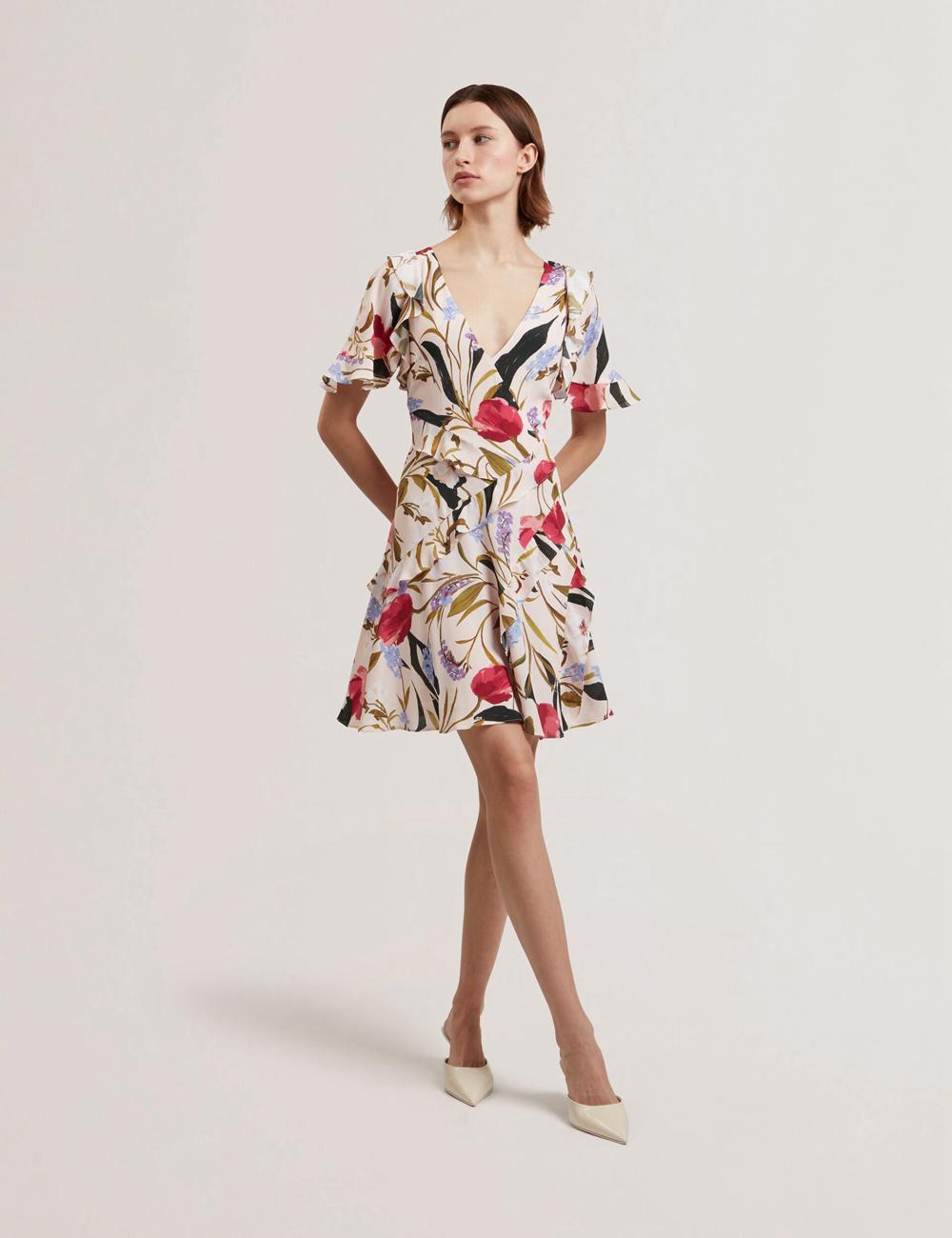 Ted Baker ISSIIA - Frill Trim Floral Short Sleeve Minikleid Damen Rosa | ZMRIC-1549