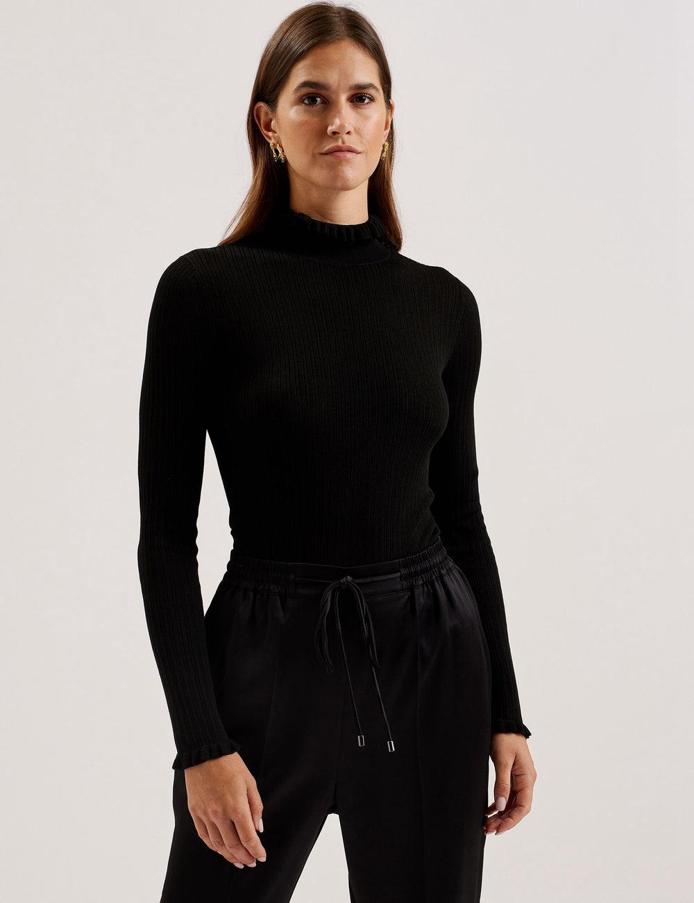 Ted Baker JANITTT - Ruffle Trim High Neck Ribbed Pullover Damen Schwarz | DOAEG-0972