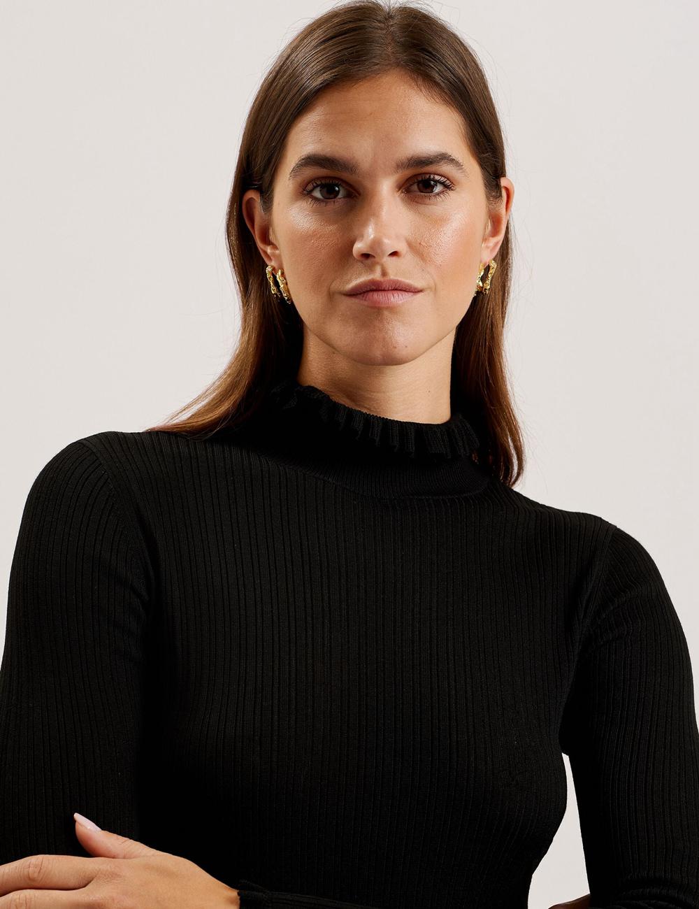 Ted Baker JANITTT - Ruffle Trim High Neck Ribbed Pullover Damen Schwarz | DOAEG-0972