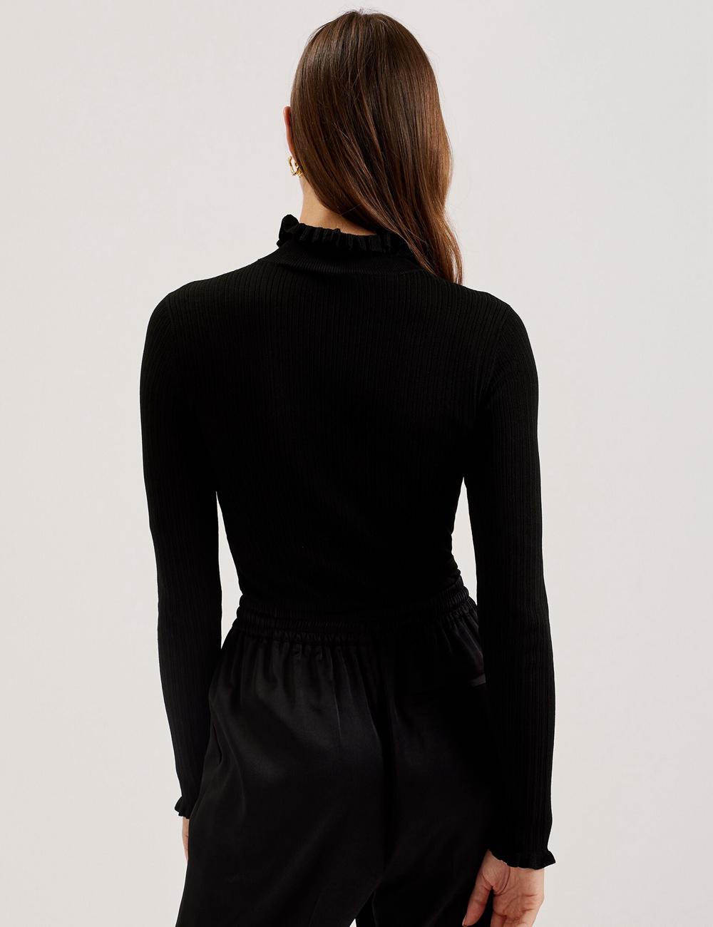 Ted Baker JANITTT - Ruffle Trim High Neck Ribbed Pullover Damen Schwarz | DOAEG-0972