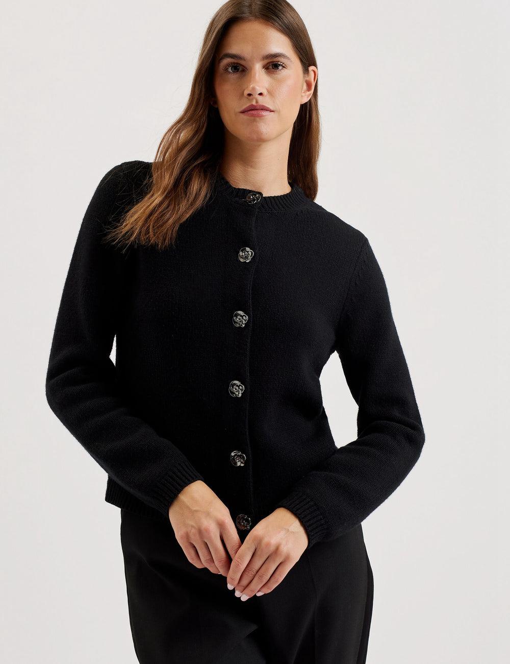 Ted Baker JAYCEY - Rose Button Knitted Crew Neck Strickjacke Damen Schwarz | NBMWO-4786