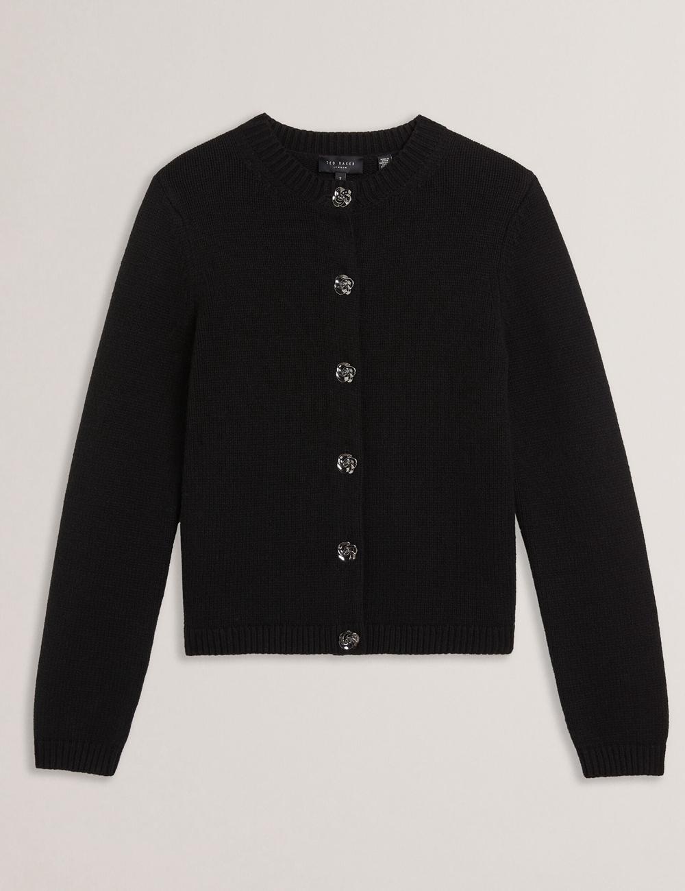 Ted Baker JAYCEY - Rose Button Knitted Crew Neck Strickjacke Damen Schwarz | NBMWO-4786