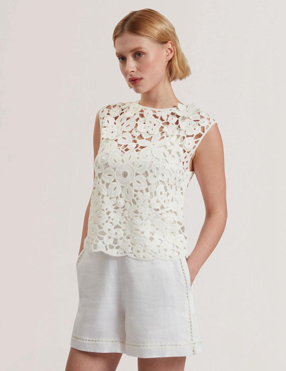 Ted Baker JOYYRA - Floral Crochet Knit Sleeveless Oberteile Damen Weiß | WRZYV-5304