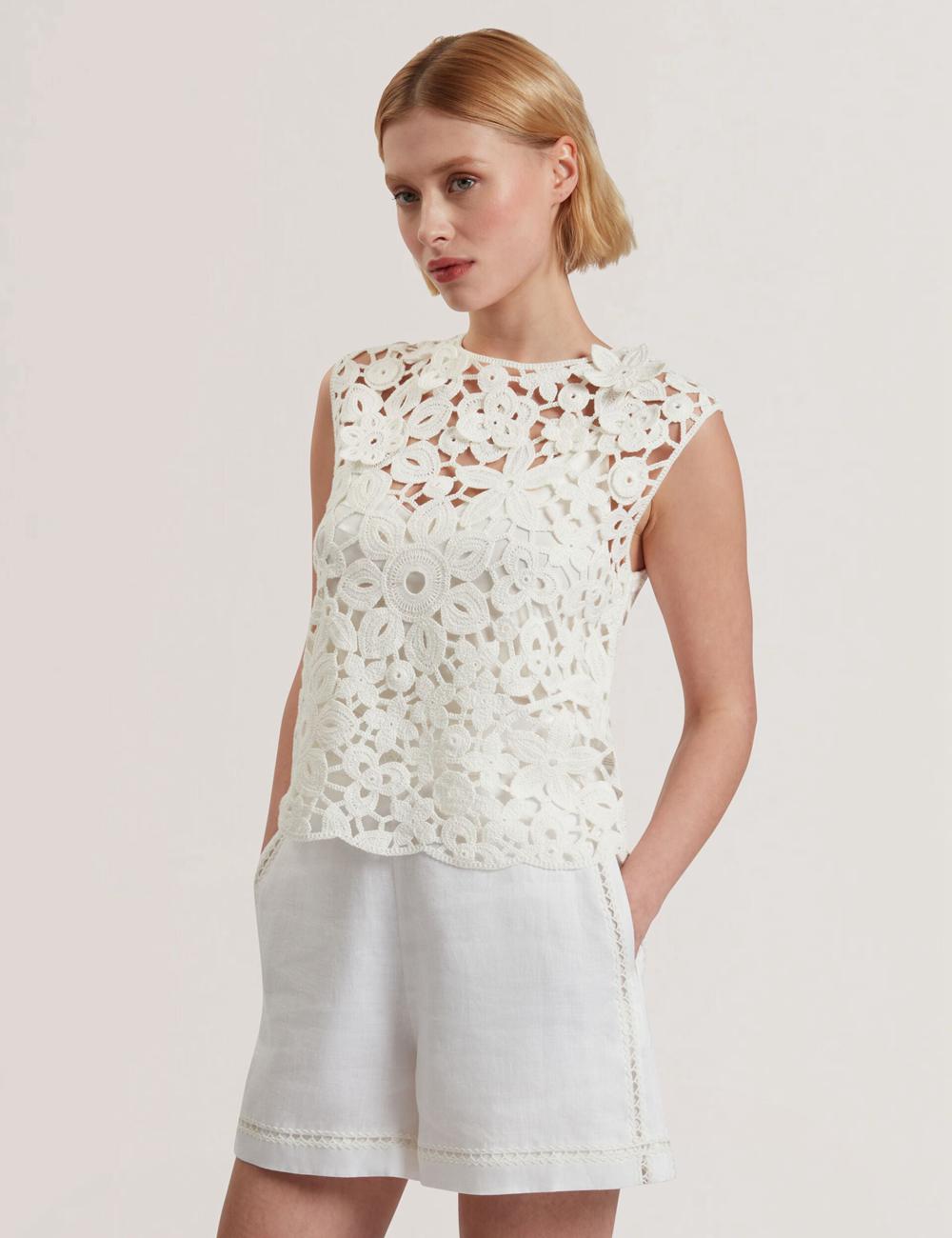 Ted Baker JOYYRA - Floral Crochet Knit Sleeveless Oberteile Damen Weiß | WRZYV-5304