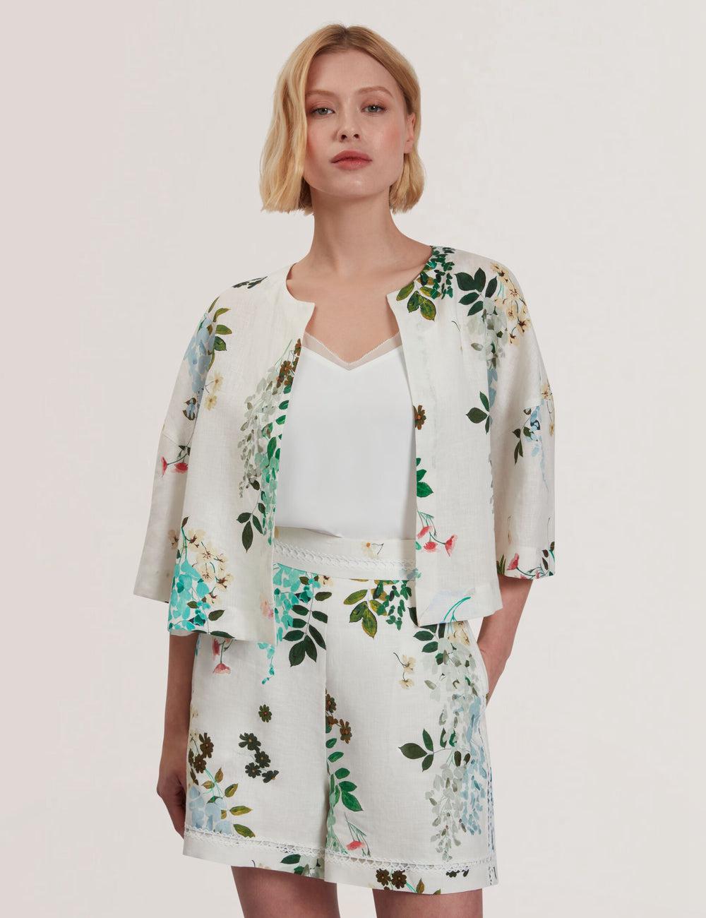 Ted Baker KALNA - Printed Linen Short Sleeve Cropped Shirt Oberteile Damen Weiß | ALWQM-1460