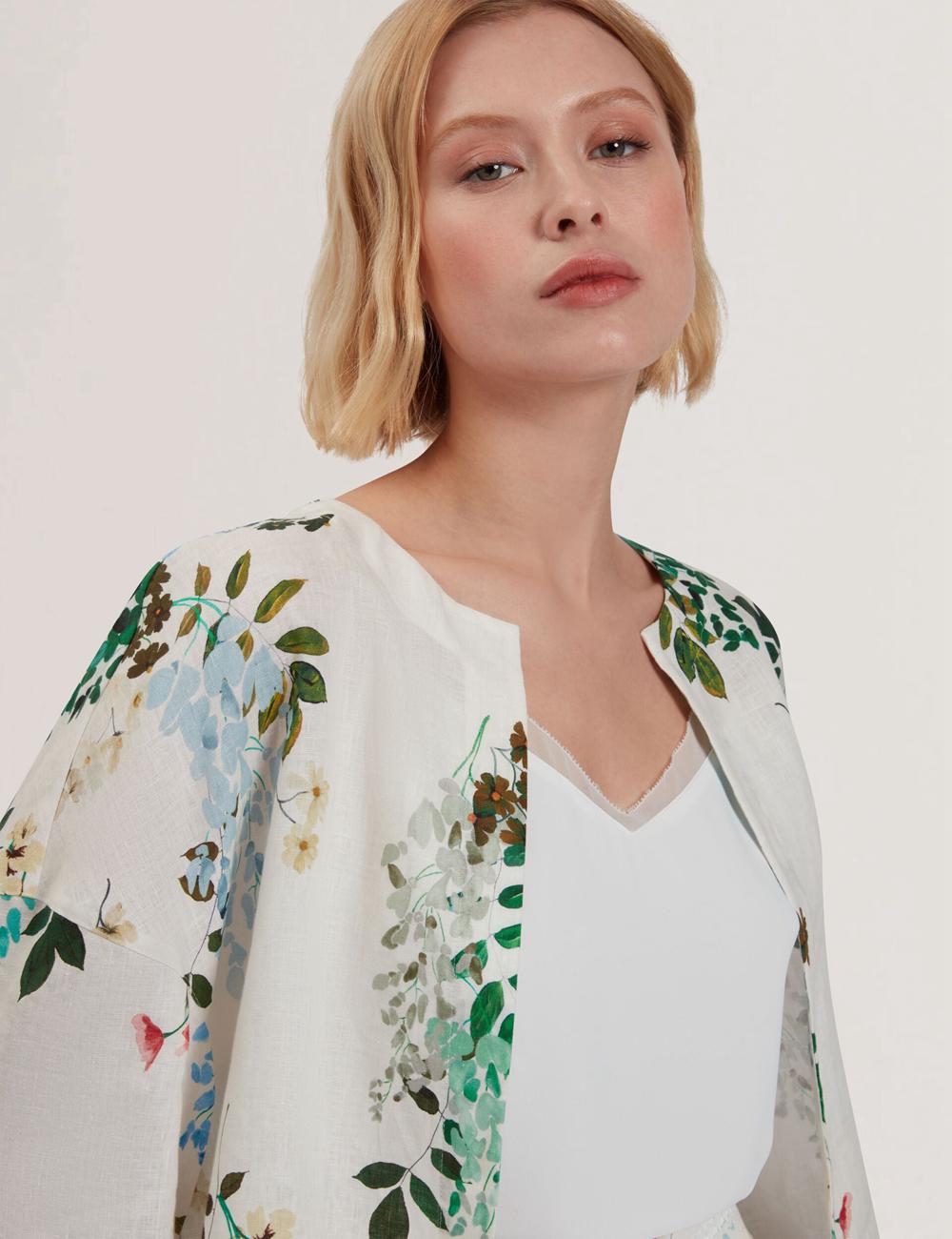 Ted Baker KALNA - Printed Linen Short Sleeve Cropped Shirt Oberteile Damen Weiß | ALWQM-1460