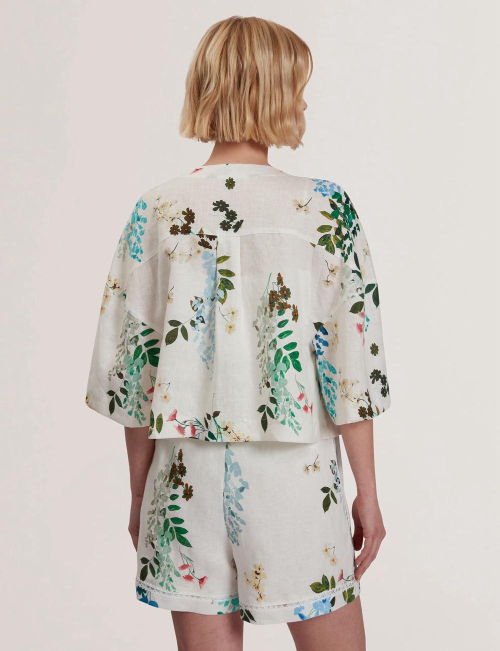 Ted Baker KALNA - Printed Linen Short Sleeve Cropped Shirt Oberteile Damen Weiß | ALWQM-1460