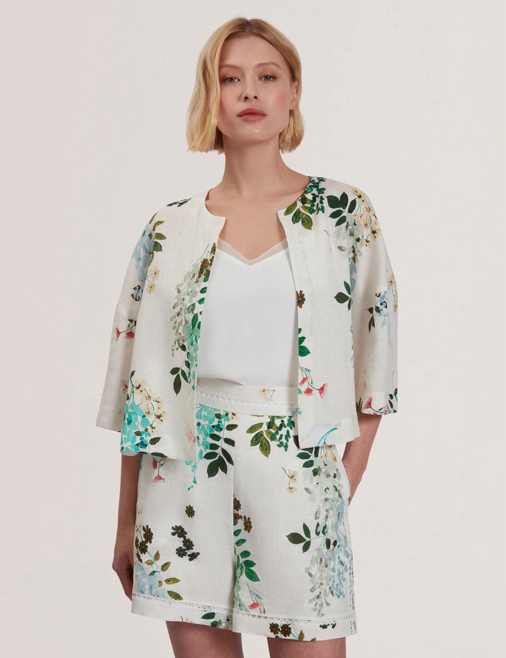 Ted Baker KALNA - Printed Linen Short Sleeve Cropped Shirt Oberteile Damen Weiß | ALWQM-1460