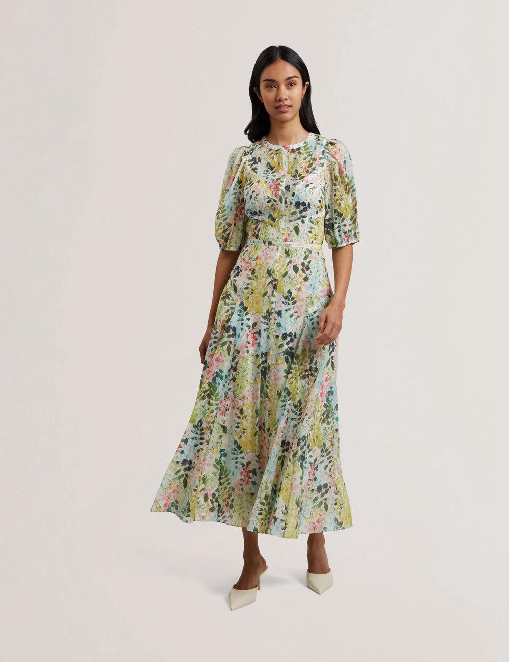 Ted Baker KANDEA - Floral Puff Sleeve A-Line Midi-kleid Damen Ivory | UAGYL-7518