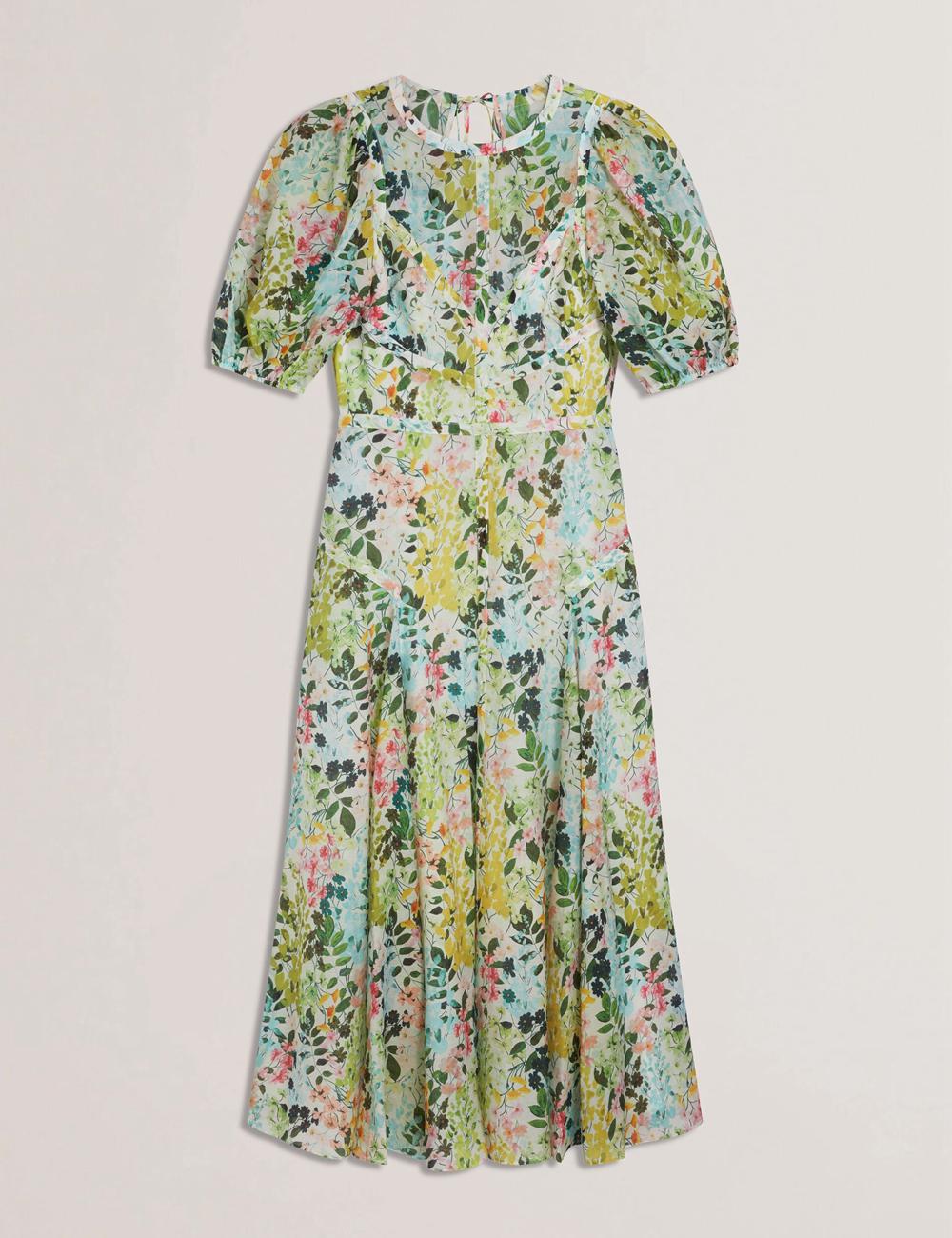 Ted Baker KANDEA - Floral Puff Sleeve A-Line Midi-kleid Damen Ivory | UAGYL-7518