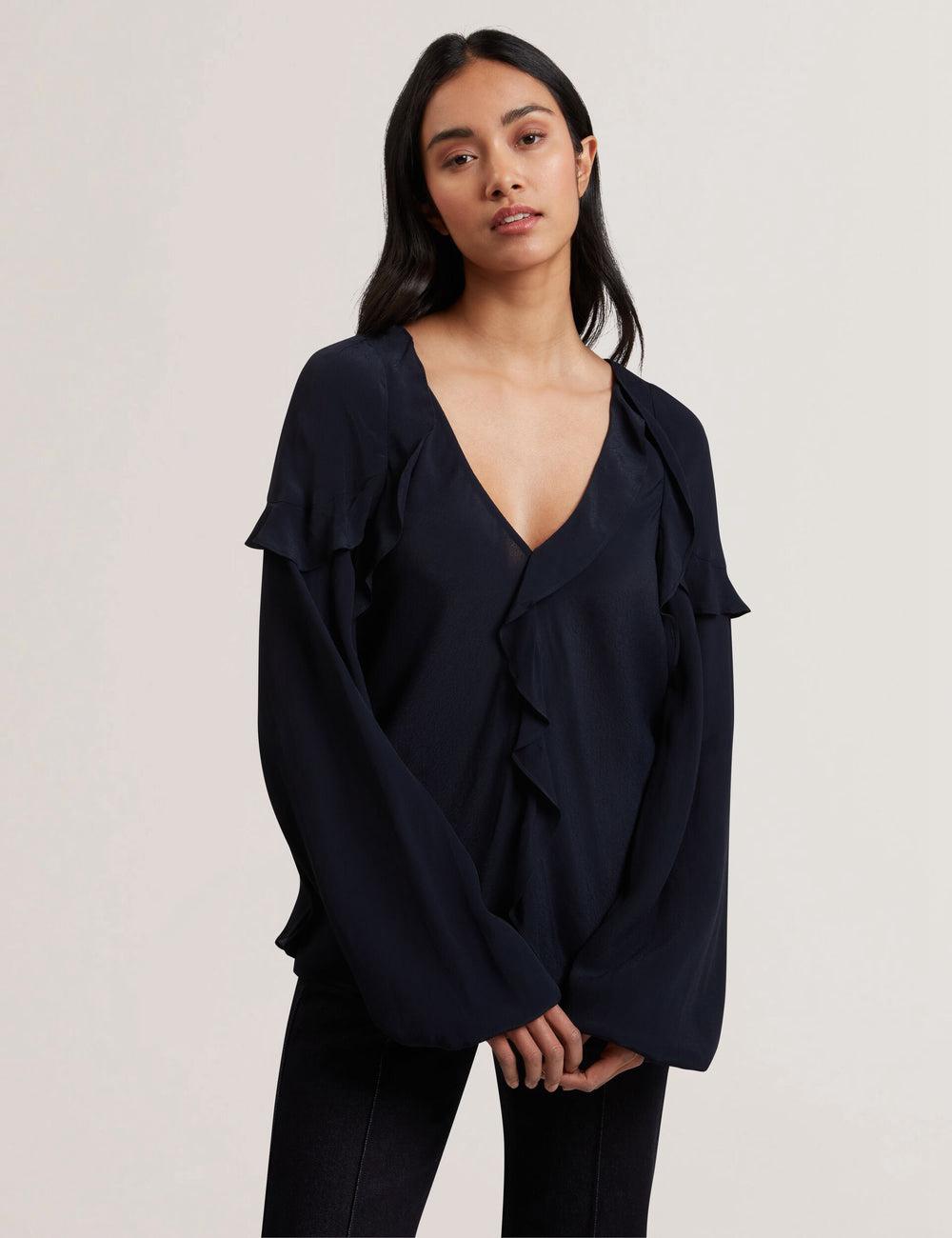 Ted Baker KAYFA - Waterfall Ruffle Trim Long Sleeve Bluse Damen Navy | NMOIW-0534