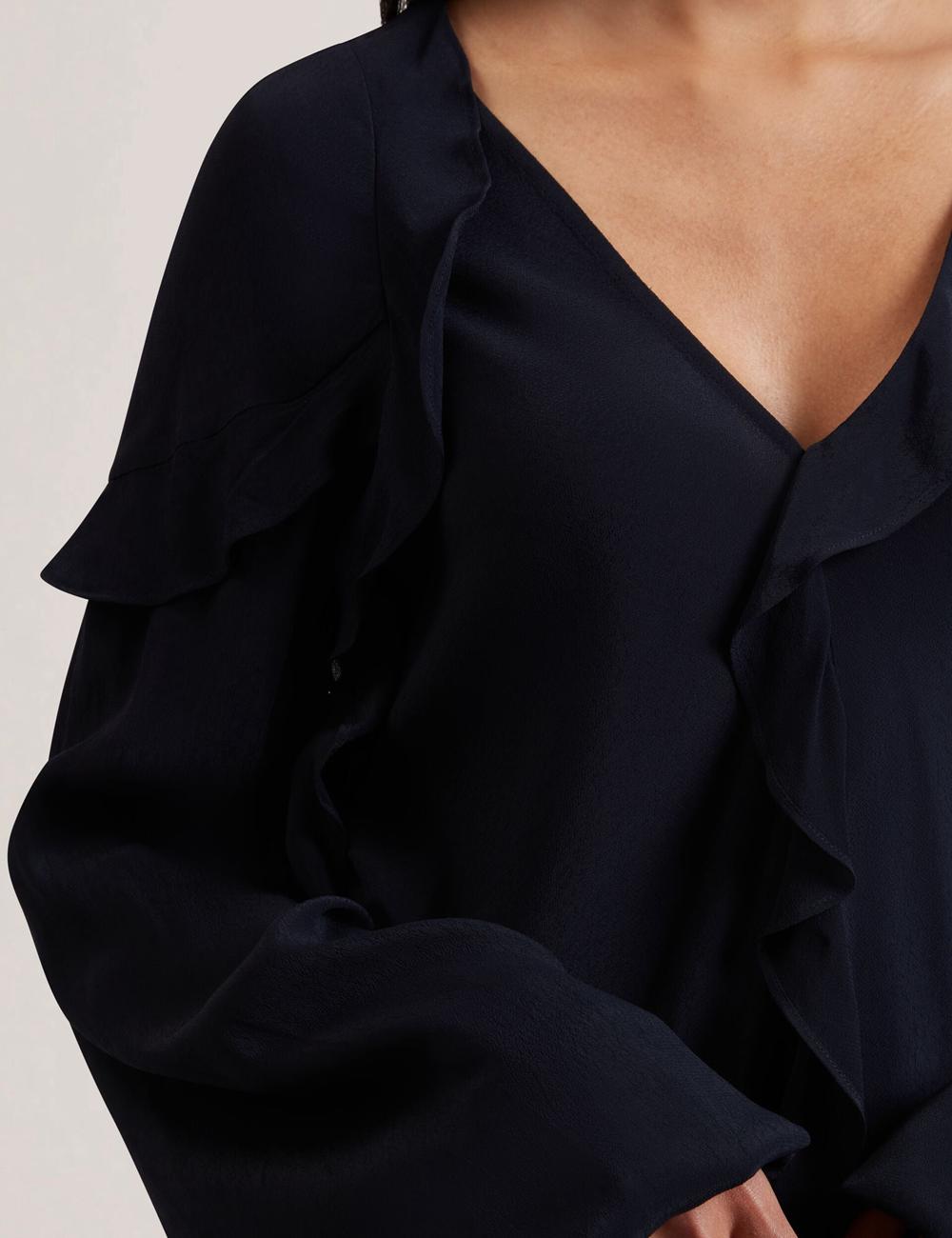 Ted Baker KAYFA - Waterfall Ruffle Trim Long Sleeve Bluse Damen Navy | NMOIW-0534