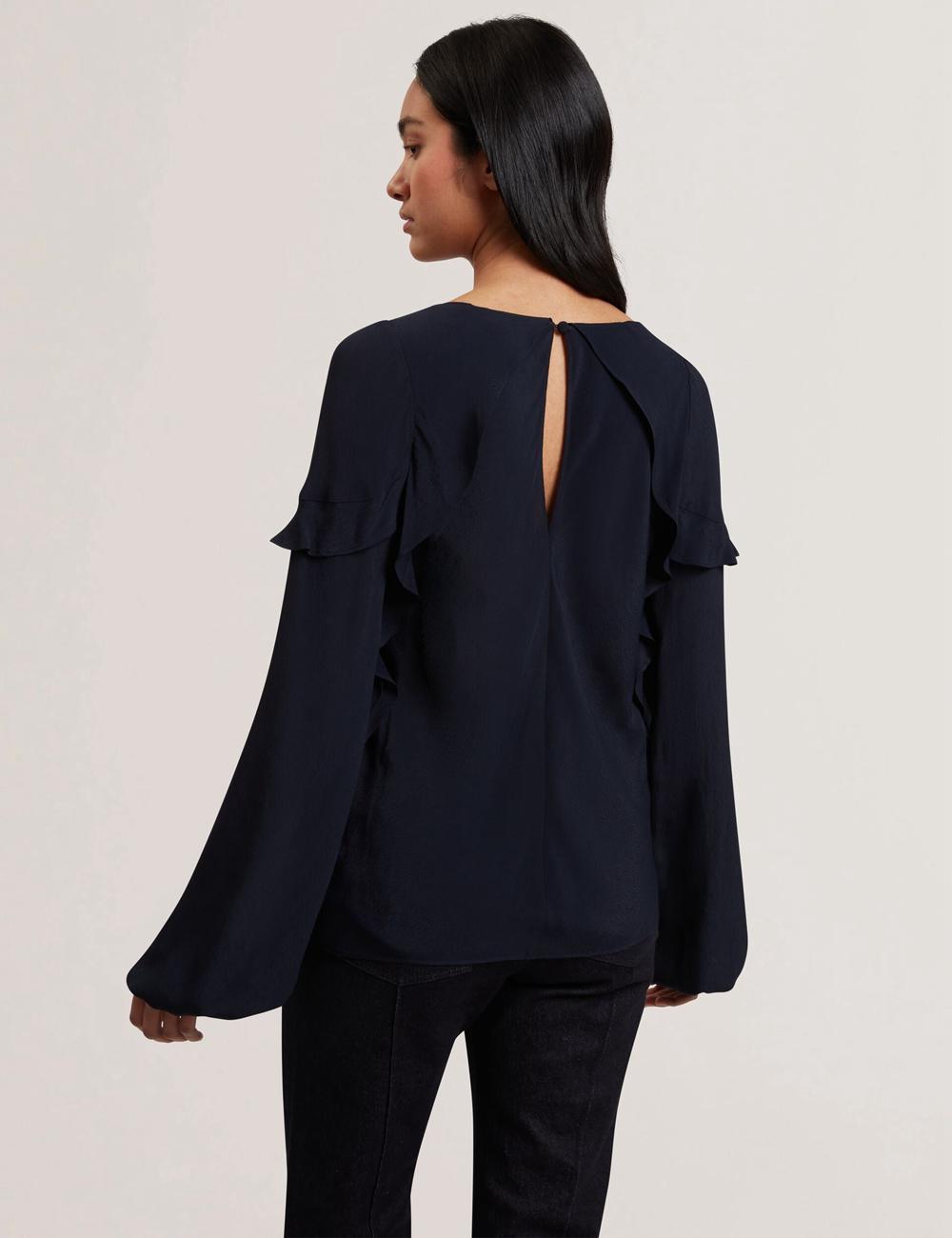 Ted Baker KAYFA - Waterfall Ruffle Trim Long Sleeve Bluse Damen Navy | NMOIW-0534
