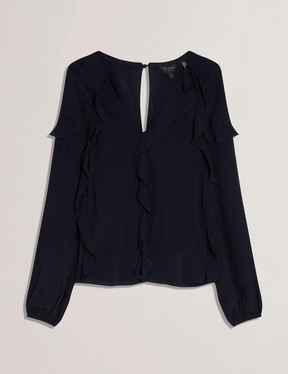 Ted Baker KAYFA - Waterfall Ruffle Trim Long Sleeve Bluse Damen Navy | NMOIW-0534
