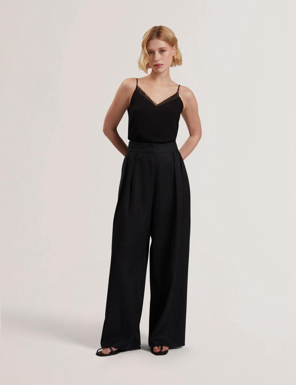 Ted Baker KYFAAT - Pure Linen Tailored Wide Leg Hosen Damen Schwarz | RKFNL-3206