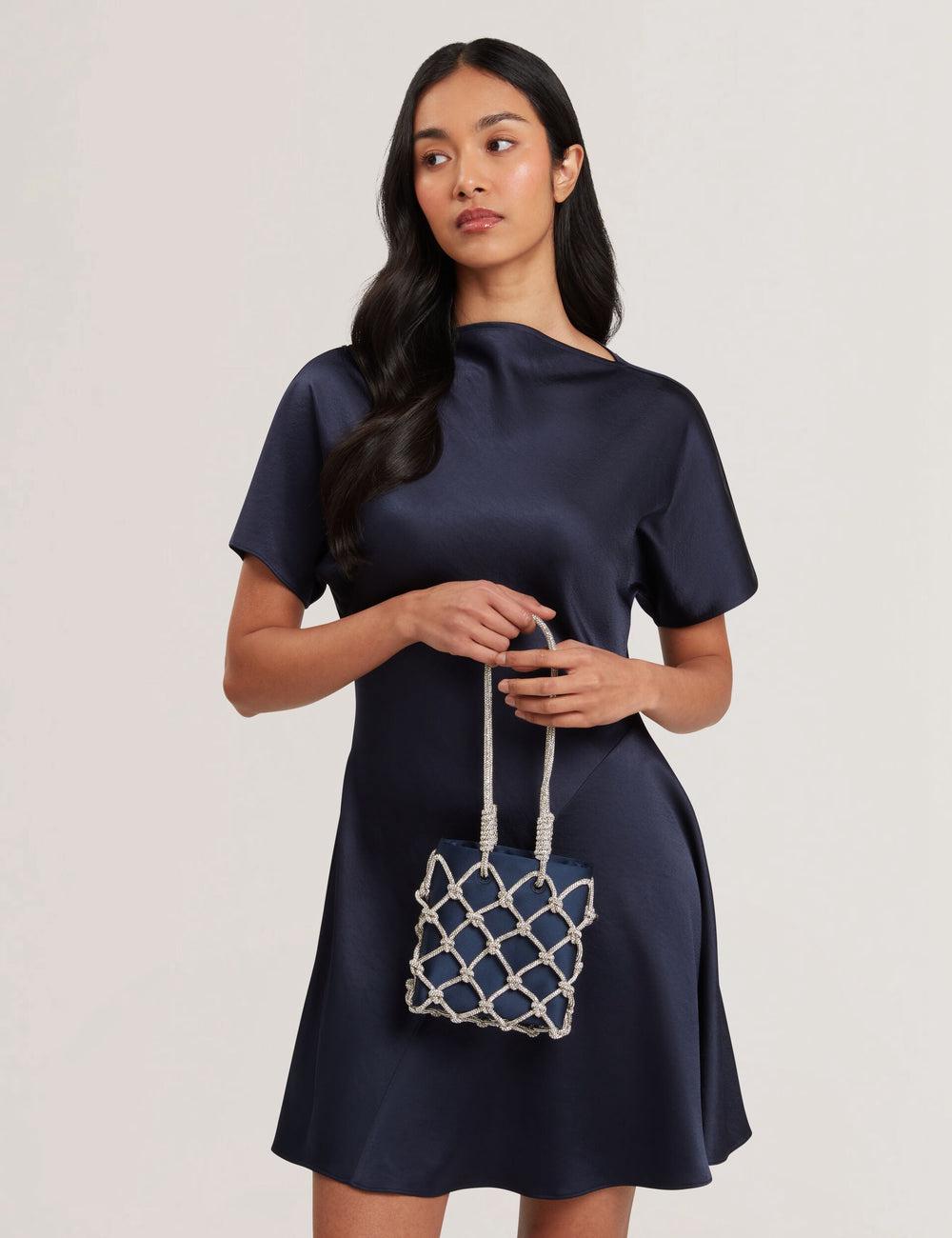 Ted Baker KYLIA - Crystal Cage Satin Mini Schultertasche Damen Navy | TKHBV-8460