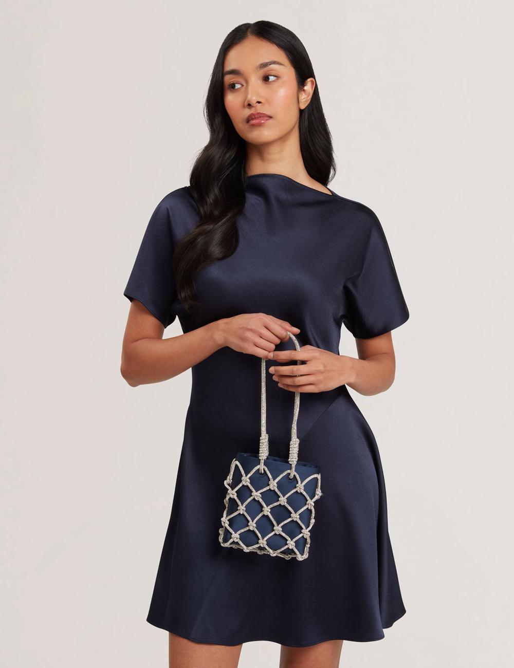 Ted Baker KYLIA - Crystal Cage Satin Mini Schultertasche Damen Navy | TKHBV-8460