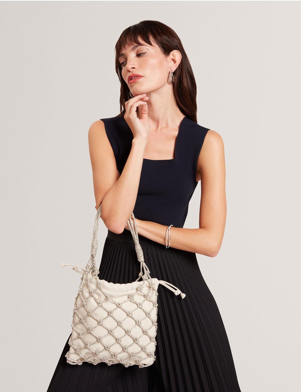 Ted Baker KYLISA - Crystal Cage Top Handle Canvas Bucket Tasche Damen Silber | EILWC-6271
