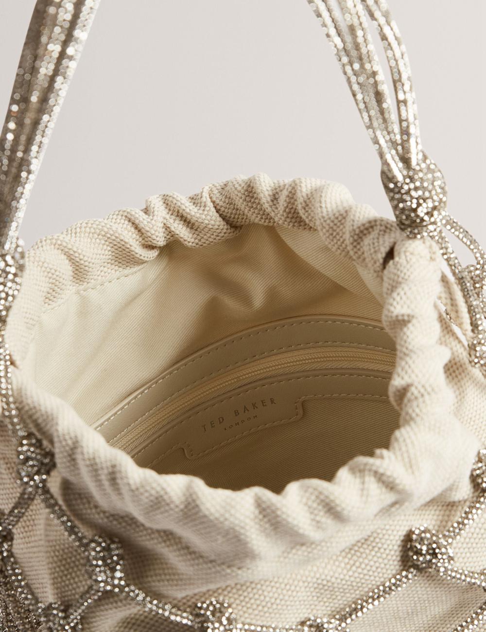 Ted Baker KYLISA - Crystal Cage Top Handle Canvas Bucket Tasche Damen Silber | EILWC-6271