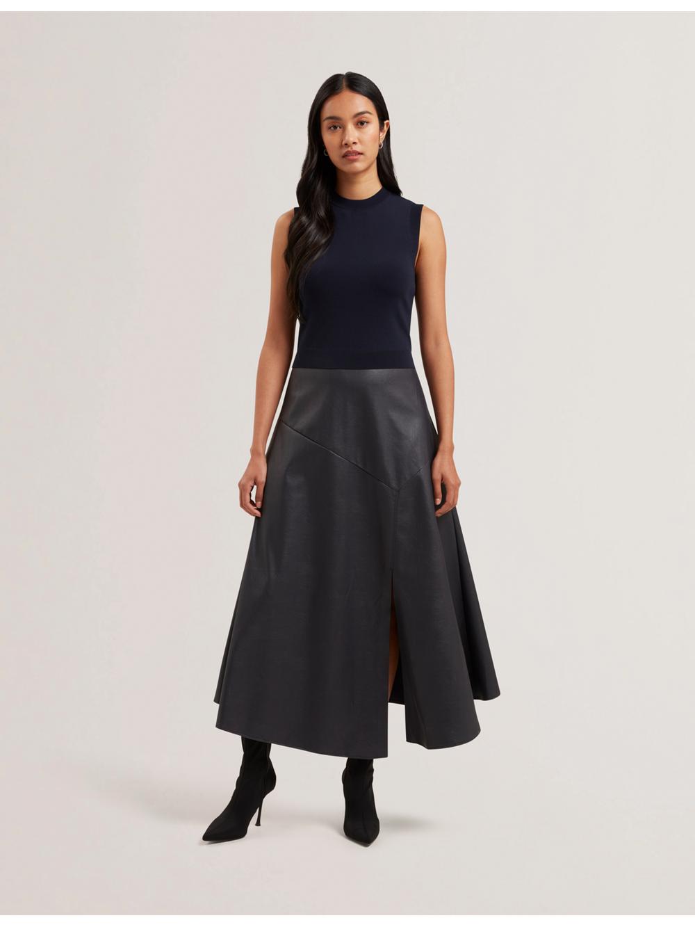 Ted Baker LABASA - Sleeveless Knit Faux Leather Midi-kleid Damen Navy | UKHVO-9168
