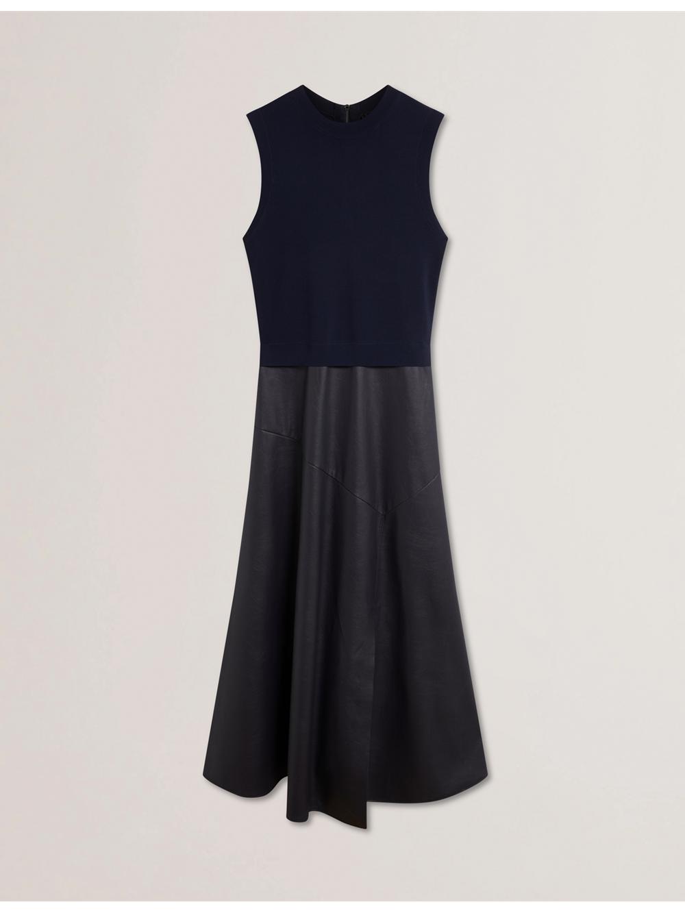 Ted Baker LABASA - Sleeveless Knit Faux Leather Midi-kleid Damen Navy | UKHVO-9168