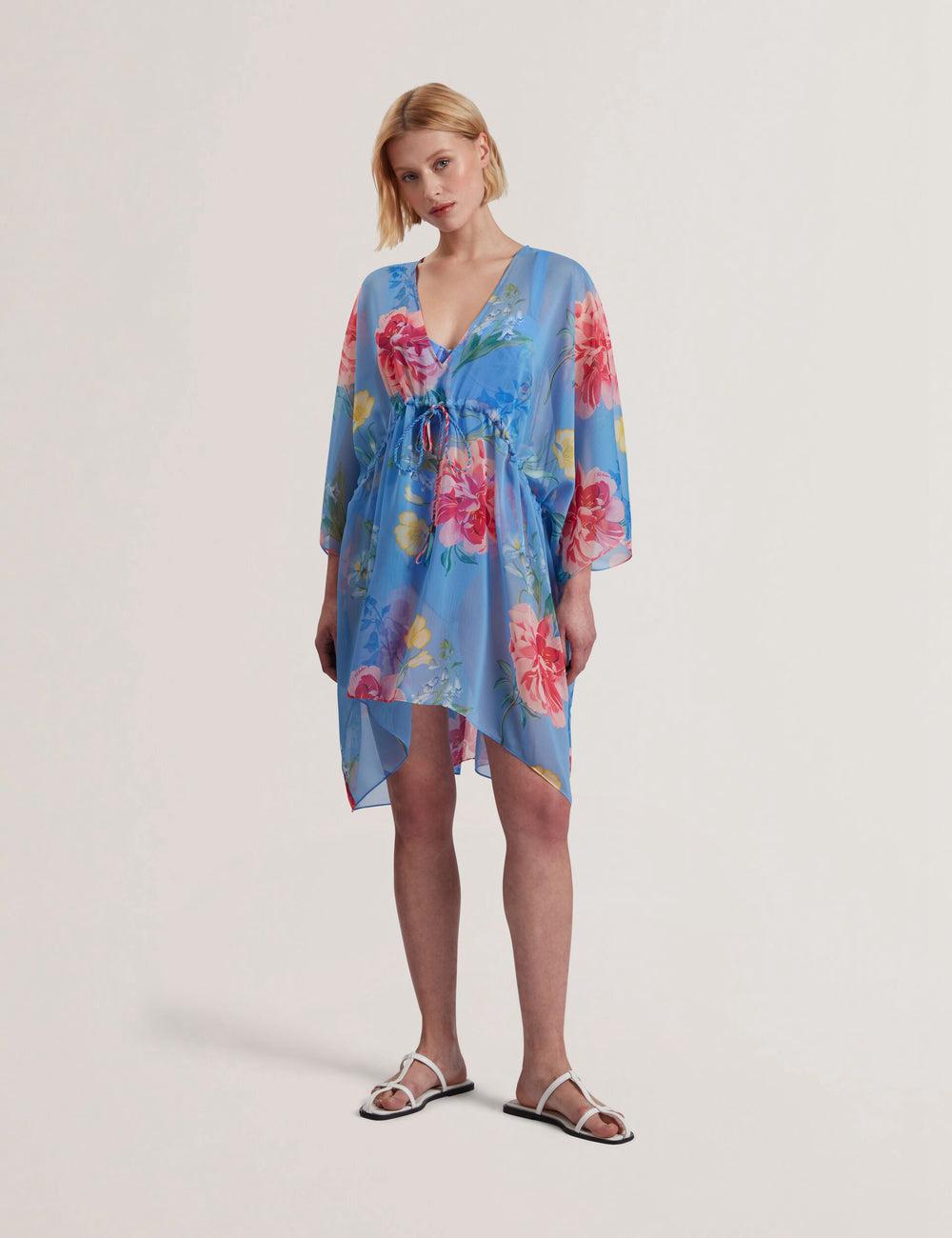 Ted Baker LARJA - Floral Print Chiffon Mini Beach Kaftan Cover-Ups Damen Blau | YZKBV-7059
