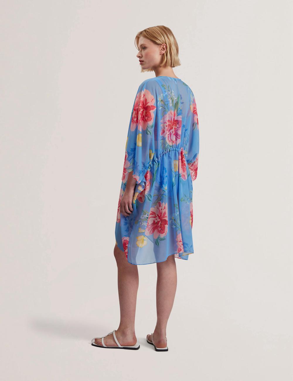 Ted Baker LARJA - Floral Print Chiffon Mini Beach Kaftan Cover-Ups Damen Blau | YZKBV-7059