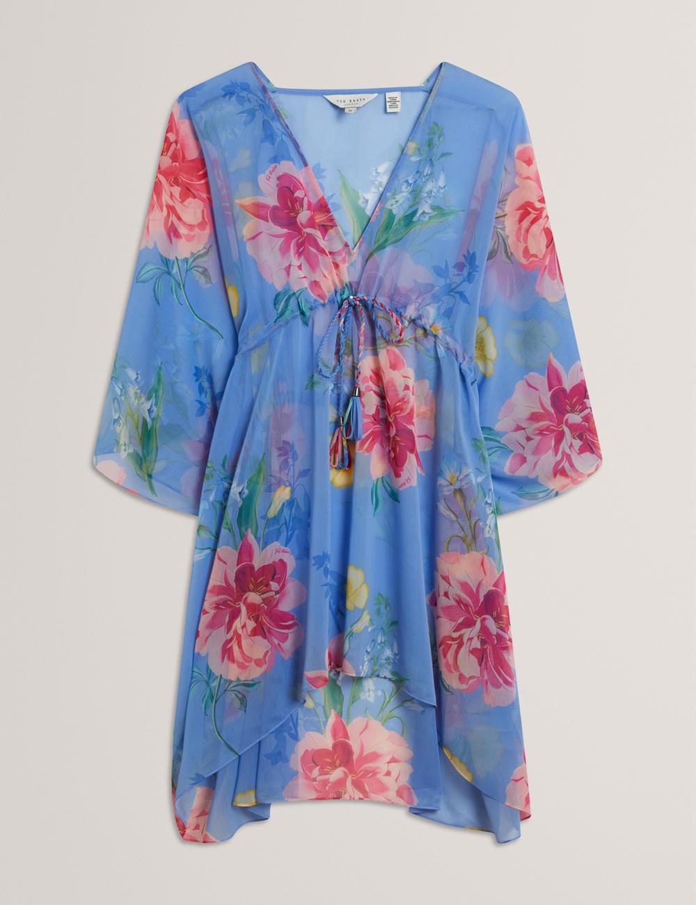 Ted Baker LARJA - Floral Print Chiffon Mini Beach Kaftan Cover-Ups Damen Blau | YZKBV-7059