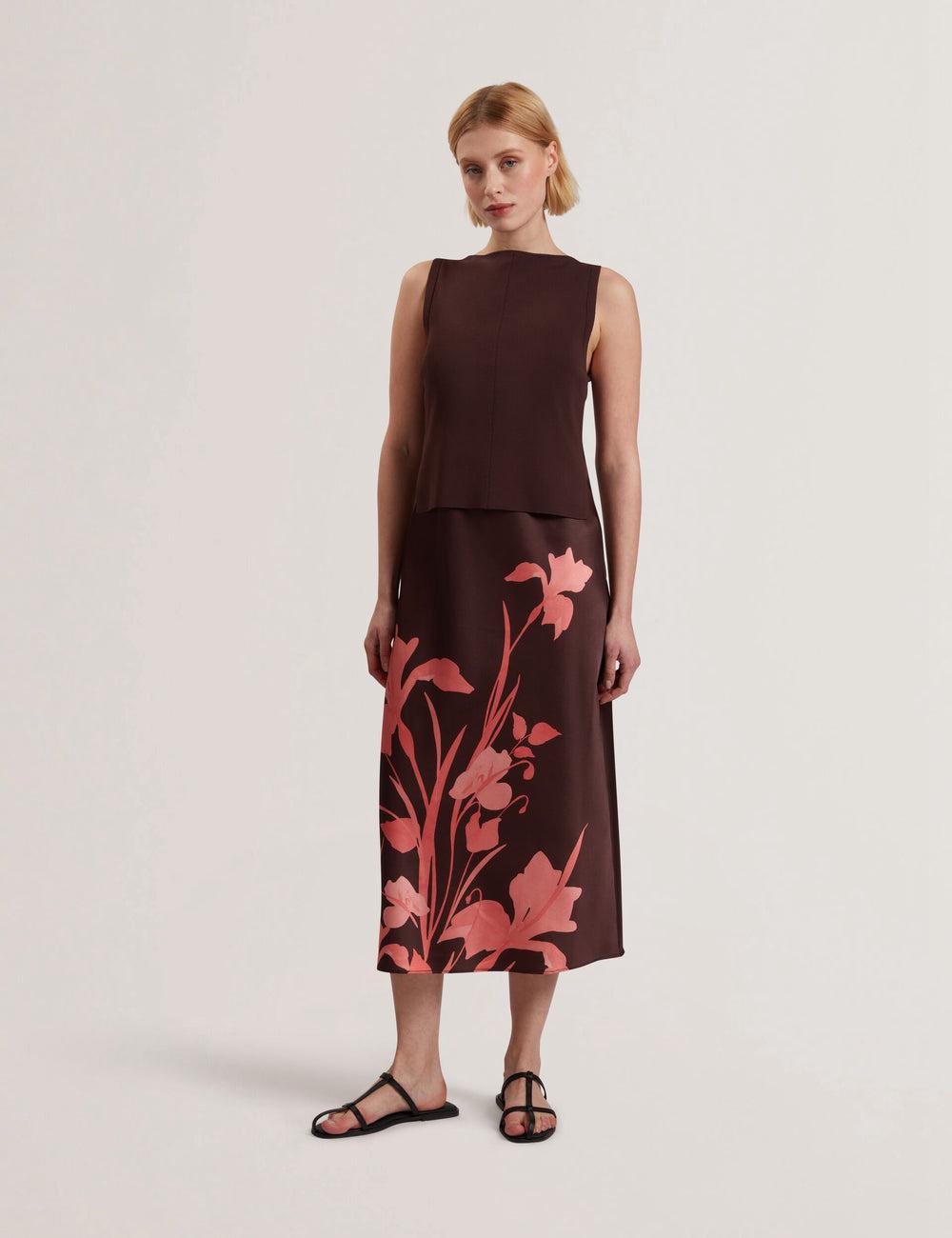 Ted Baker LATTENA - Printed Satin With Removable Tank Midi-kleid Damen Braun | FKDZM-9645