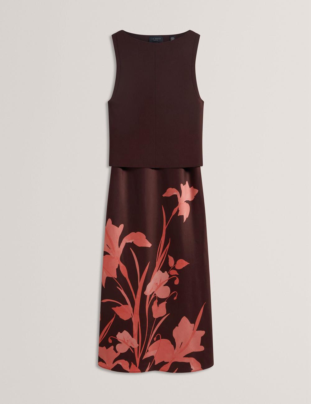 Ted Baker LATTENA - Printed Satin With Removable Tank Midi-kleid Damen Braun | FKDZM-9645
