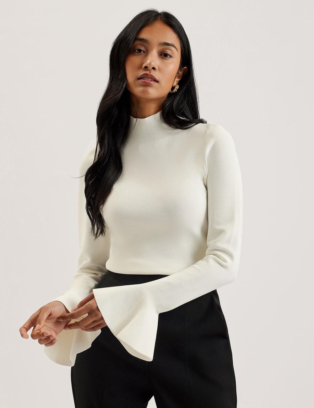 Ted Baker LAYNHA - Flared Sleeve High Neck Knitted Top Pullover Damen Ivory | FTHLK-8415