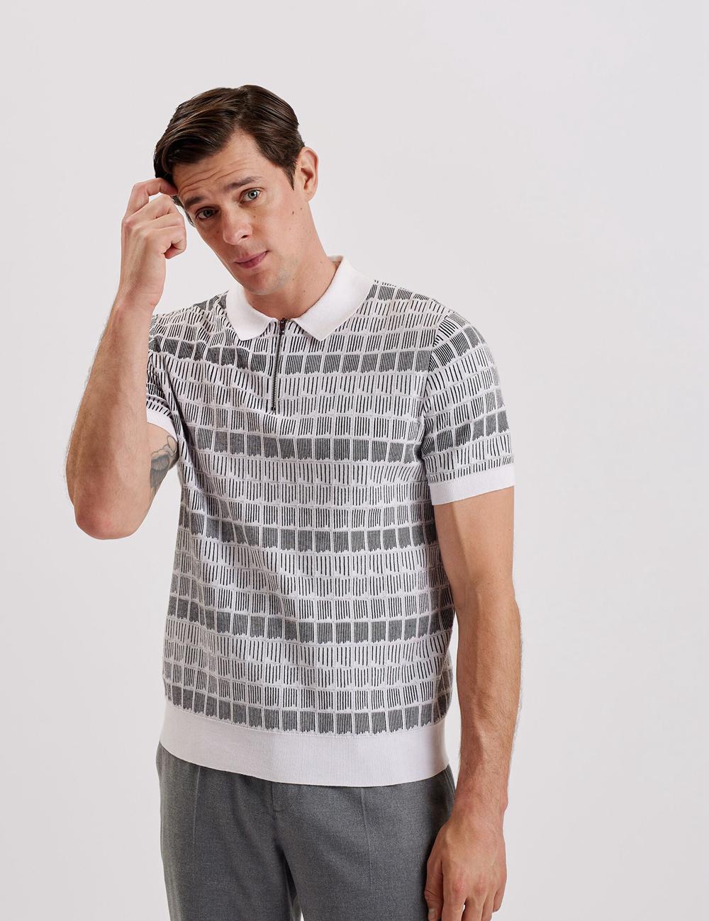 Ted Baker LEVERS - Ombre Jacquard Zip Neck Polo Shirts Herren Weiß | VGQMU-6914