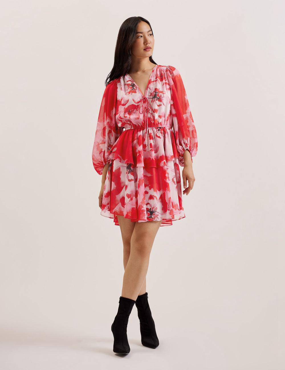 Ted Baker LEYNA - Floral Chiffon Front Minikleid Damen Rot | BIGRQ-3719