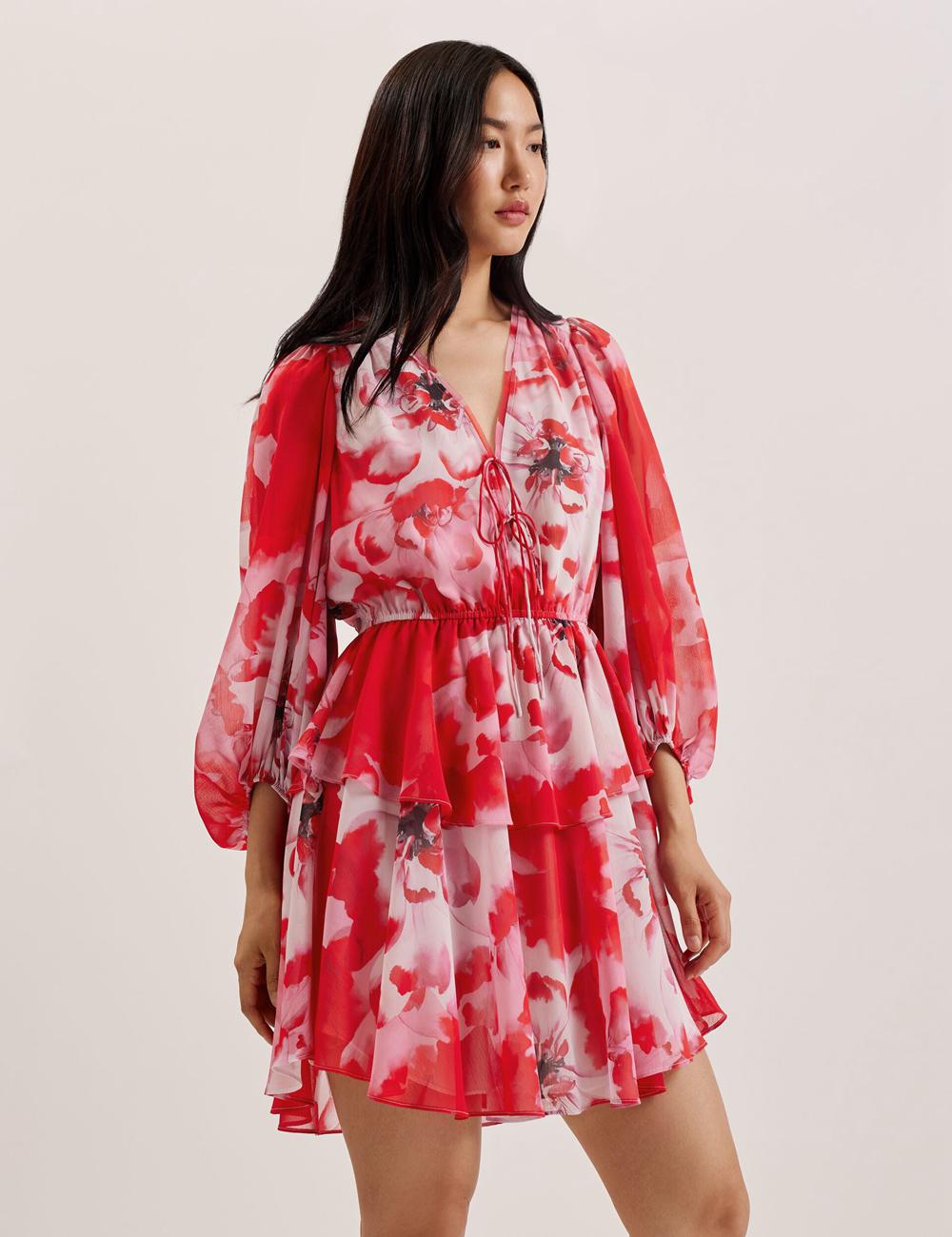 Ted Baker LEYNA - Floral Chiffon Front Minikleid Damen Rot | BIGRQ-3719