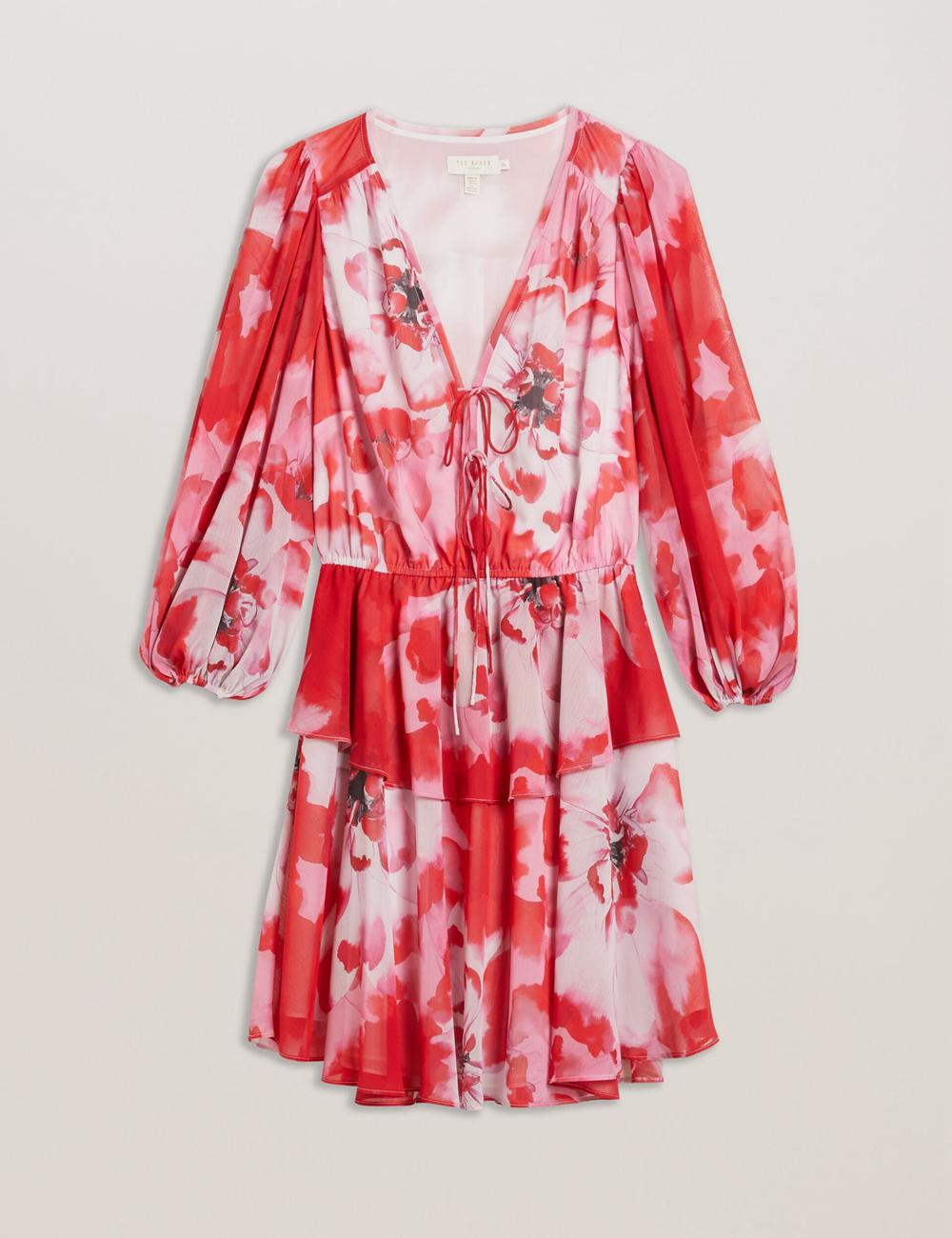 Ted Baker LEYNA - Floral Chiffon Front Minikleid Damen Rot | BIGRQ-3719