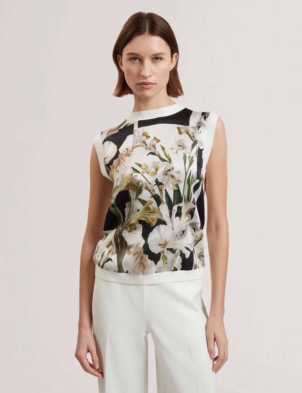 Ted Baker LIILEA - Floral Print Front Boxy Knitted Oberteile Damen Ivory | YLTPC-0193