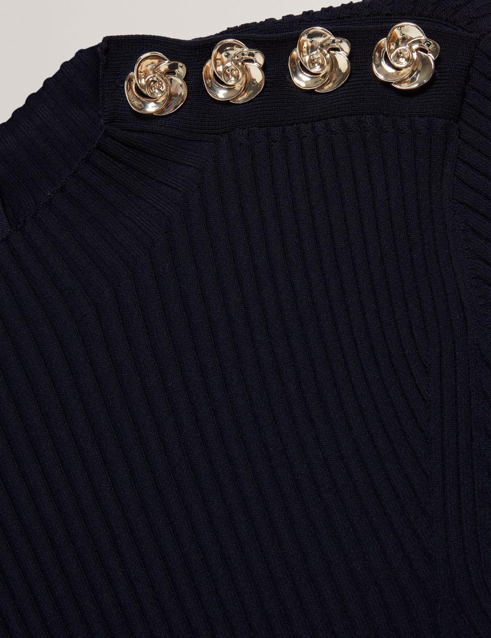 Ted Baker LILANO - Ribbed Knit Skater With Rose Buttons Minikleid Damen Navy | FKDXI-4058