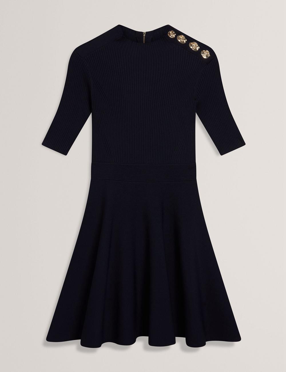 Ted Baker LILANO - Ribbed Knit Skater With Rose Buttons Minikleid Damen Navy | FKDXI-4058