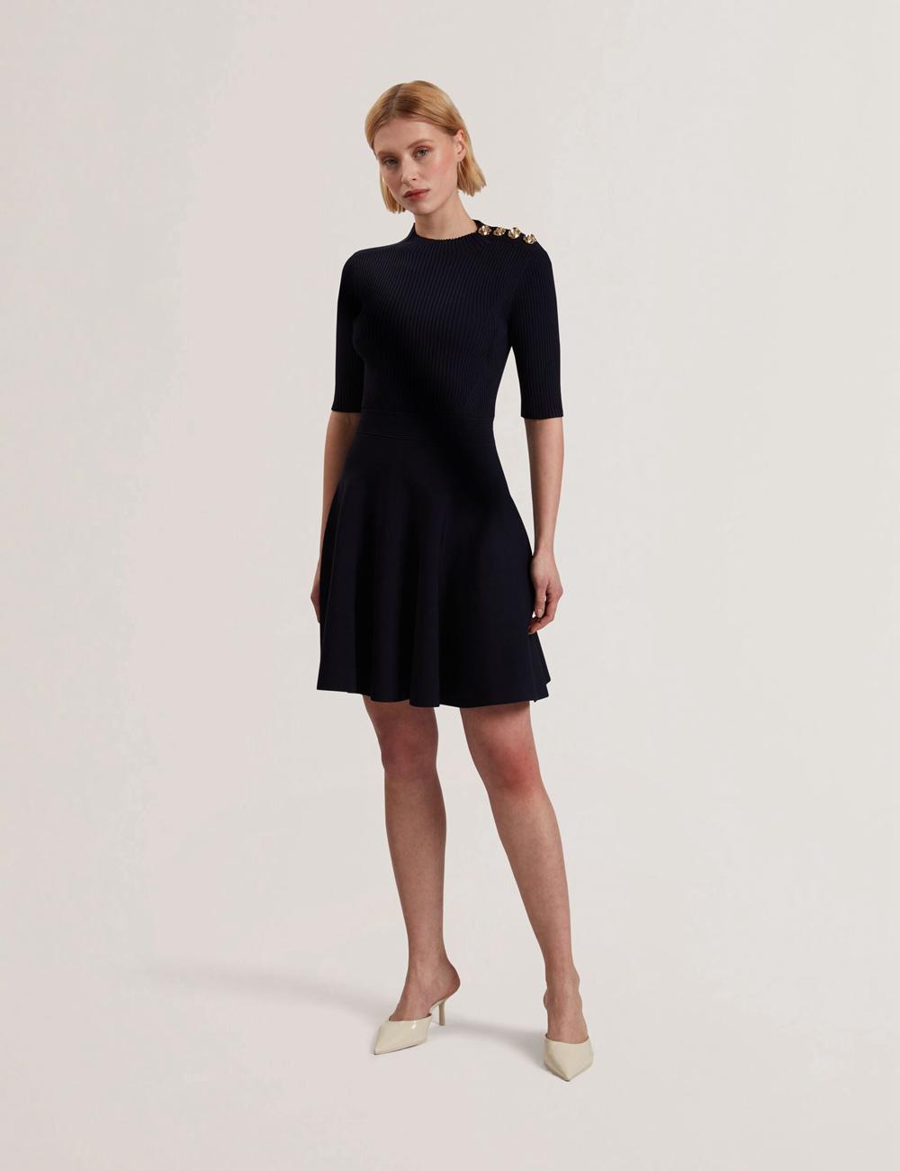 Ted Baker LILANO - Ribbed Knit Skater With Rose Buttons Minikleid Damen Navy | FKDXI-4058