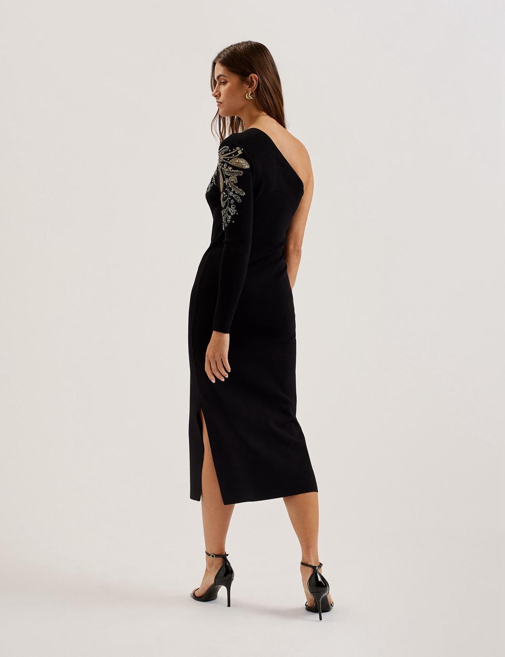 Ted Baker LIZYYY - One Shoulder Embellished Knit Midi-kleid Damen Schwarz | GEYQO-2307
