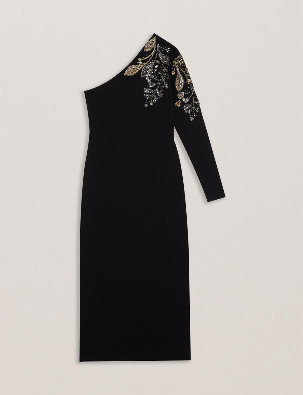 Ted Baker LIZYYY - One Shoulder Embellished Knit Midi-kleid Damen Schwarz | GEYQO-2307