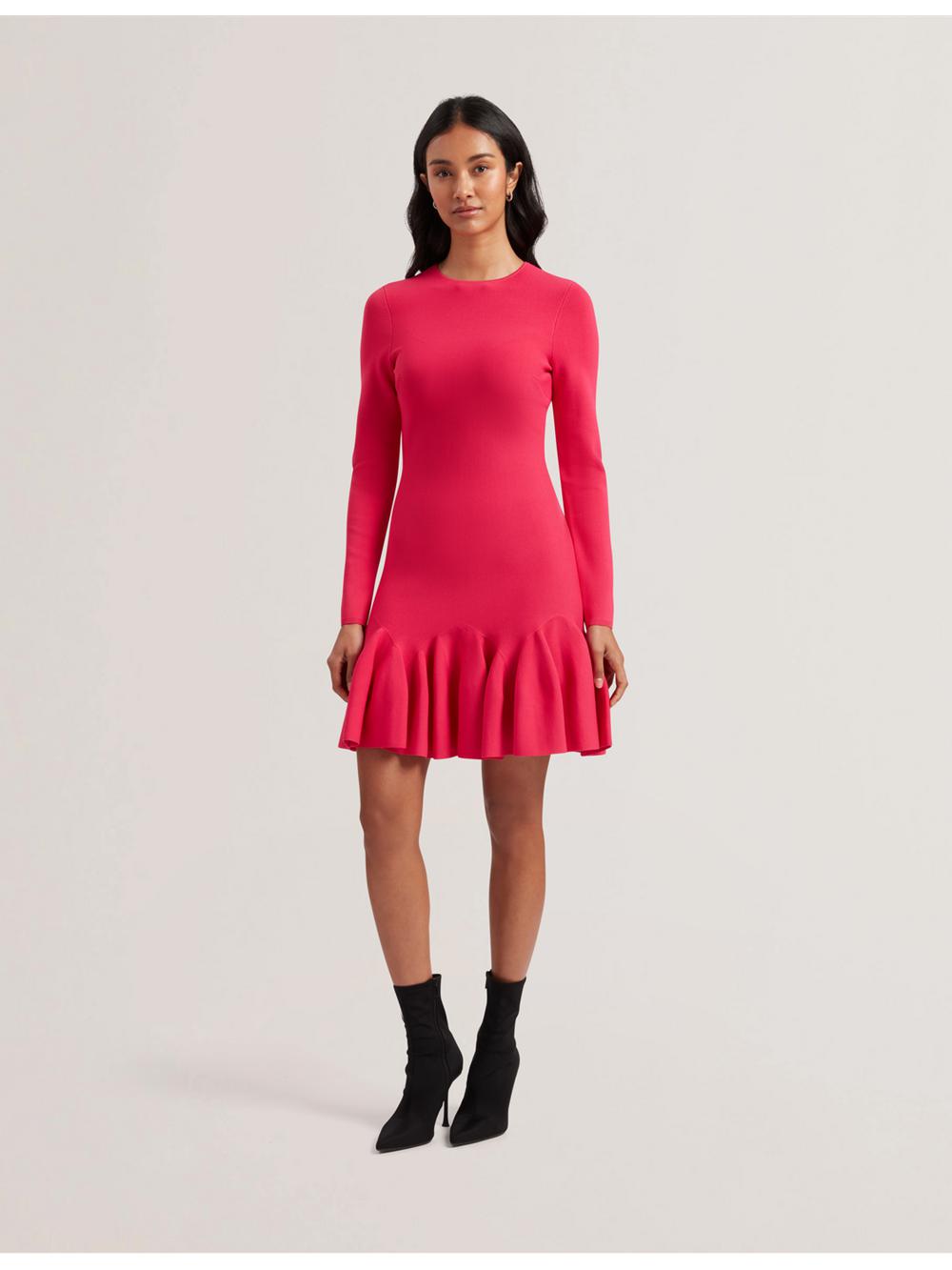 Ted Baker LOISSS - Flounce Hem Long Sleeve Knitted Minikleid Damen Fuchsie | UNRDG-8615