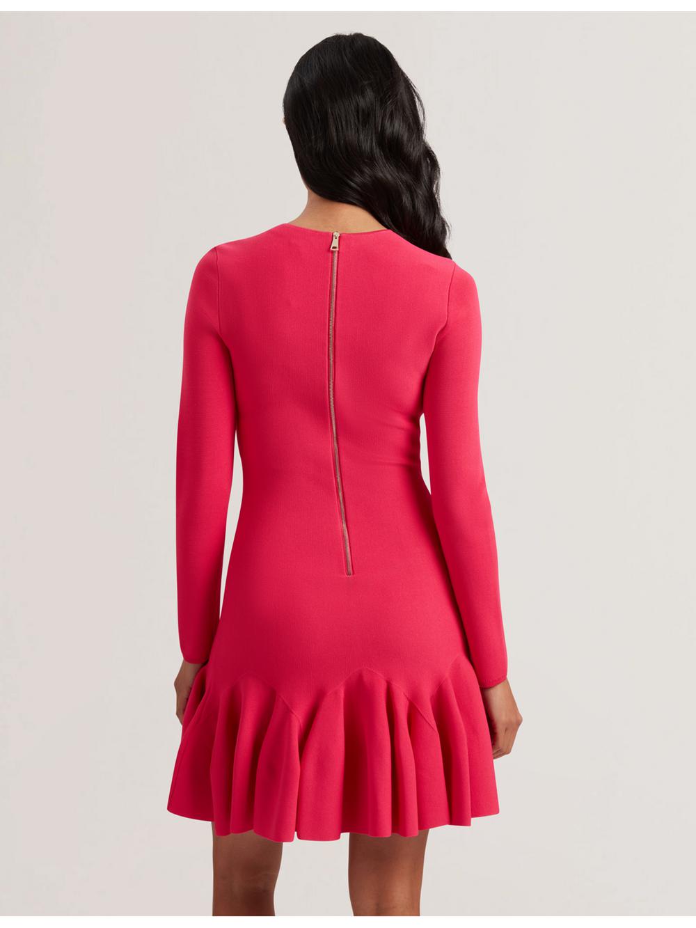 Ted Baker LOISSS - Flounce Hem Long Sleeve Knitted Minikleid Damen Fuchsie | UNRDG-8615