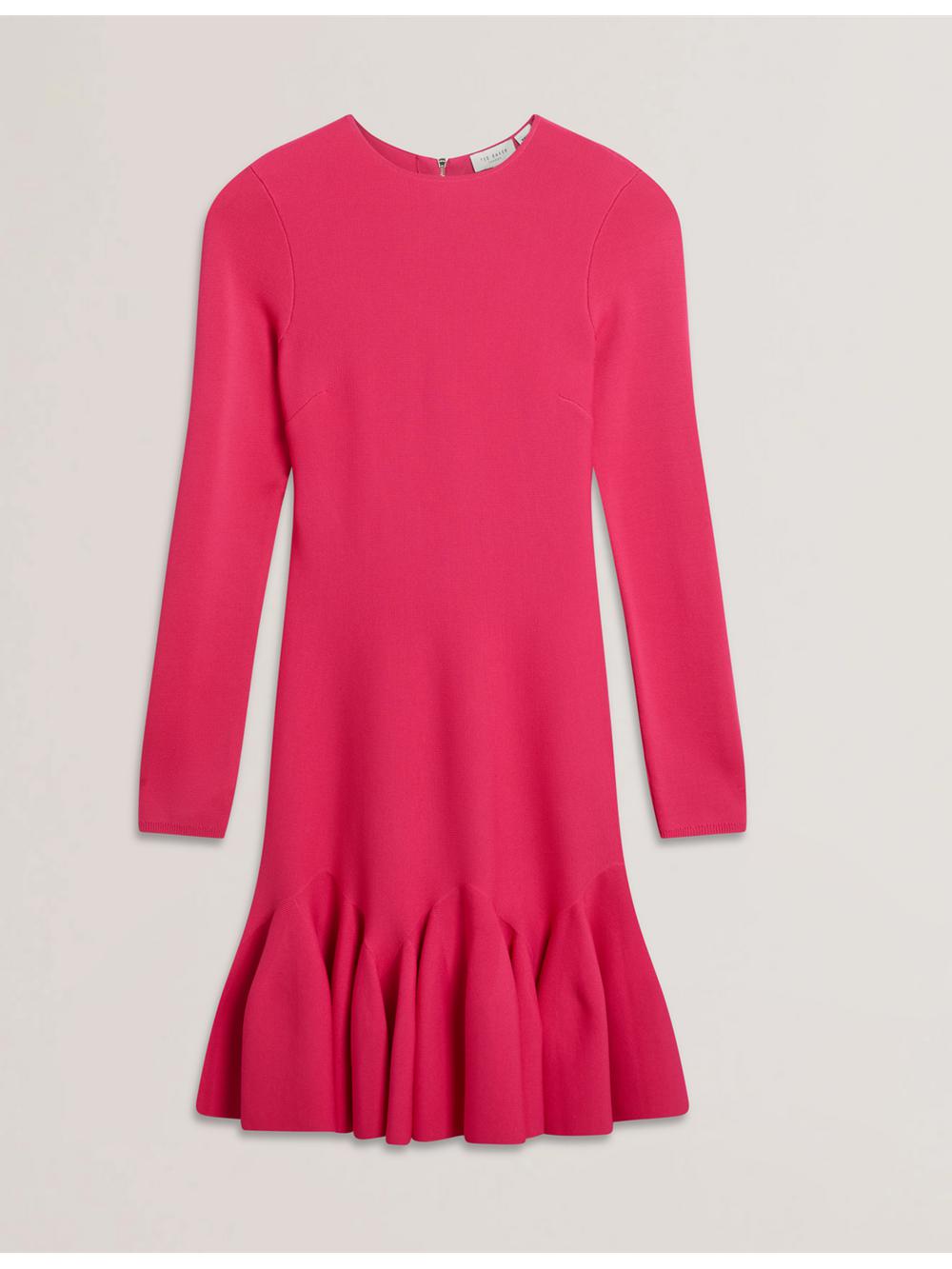 Ted Baker LOISSS - Flounce Hem Long Sleeve Knitted Minikleid Damen Fuchsie | UNRDG-8615
