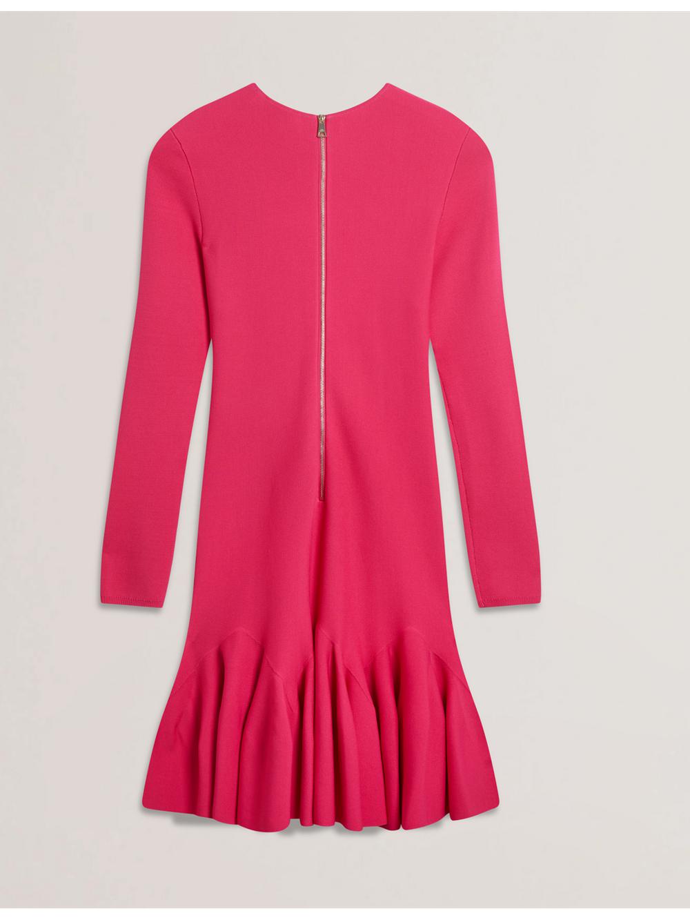 Ted Baker LOISSS - Flounce Hem Long Sleeve Knitted Minikleid Damen Fuchsie | UNRDG-8615